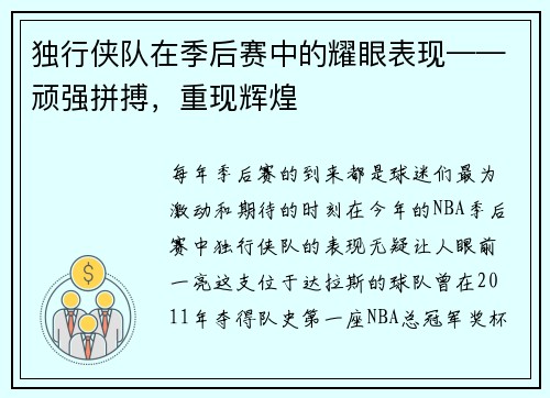 独行侠队在季后赛中的耀眼表现——顽强拼搏，重现辉煌