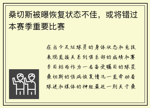 桑切斯被曝恢复状态不佳，或将错过本赛季重要比赛