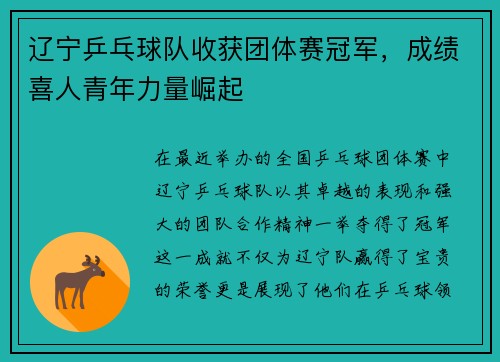 辽宁乒乓球队收获团体赛冠军，成绩喜人青年力量崛起