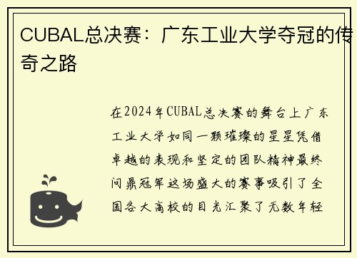 CUBAL总决赛：广东工业大学夺冠的传奇之路